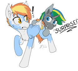 Size: 4000x3626 | Tagged: safe, artist:al solae, derpibooru import, oc, oc only, oc:aestival breeze, oc:vernal breeze, pegasus, pony, unicorn, brother and sister, duo, female, horn, male, mare, pegasus oc, siblings, simple background, stallion, surprised, transparent background, unicorn oc