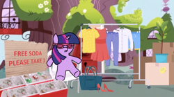 Size: 2490x1392 | Tagged: safe, artist:tamers12345, derpibooru import, twilight sparkle, pony, unicorn, g4, clothes, garage sale, horn, my little pony the movie: soarin & braeburn, outdoors, soda, solo, sunglasses