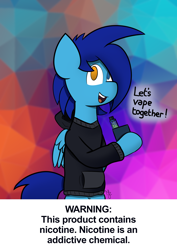 Size: 2480x3508 | Tagged: safe, artist:japkozjad, derpibooru import, oc, oc only, oc:apply, pegasus, abstract background, bipedal, clothes, heterochromia, hoodie, pegasus oc, poster, solo, text, vape