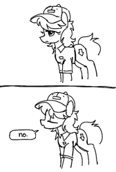 Size: 378x562 | Tagged: safe, artist:plunger, derpibooru import, oc, oc only, earth pony, pony, comic, drawthread, female, hat, lineart, mare, monochrome, solo, speech bubble