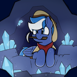 Size: 2048x2048 | Tagged: safe, artist:sefastpone, derpibooru import, oc, oc only, oc:lazuli chalcepony, pegasus, pony, cave, clothes, commission, crystal, hat, mouth hold, pickaxe, scarf, shirt, solo