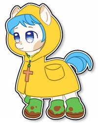 Size: 1642x2053 | Tagged: safe, artist:noz, derpibooru import, earth pony, pony, bead necklace, boots, cross, cross necklace, female, filly, foal, jewelry, luce, necklace, outline, ponified, raincoat, shoes, simple background, smiling, solo, species swap, vatican, white background, white outline