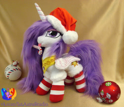 Size: 1477x1280 | Tagged: safe, artist:1stastrastudio, derpibooru import, princess celestia, pony, candy, candy cane, clothes, food, irl, mouth hold, photo, plushie, princess molestia, socks, solo, striped socks