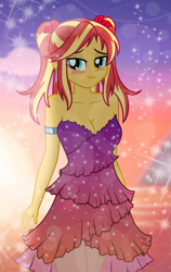 Size: 1000x1584 | Tagged: safe, artist:emeraldblast63, derpibooru import, sunset shimmer, human, equestria girls, g4, adult, adult female, adult sunset, alternate hairstyle, armlet, bare shoulders, beautiful, big breasts, blushing, breasts, cleavage, clothes, cyan eyes, dress, ear piercing, earring, evening, female, jewelry, lidded eyes, looking at you, piercing, sleeveless, smiling, smiling at you, solo, solo female, sunset, sunset jiggler, twintails, two toned hair, two toned hair (red and yellow)