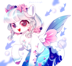 Size: 1928x1760 | Tagged: safe, artist:ksoreek, derpibooru import, oc, oc only, fish, merpony, pony, bubble, commission, cute, dorsal fin, female, fin, fin wings, fins, fish tail, flower, flower in hair, looking at you, mare, ocbetes, ocean, open mouth, open smile, pretty, scales, smiling, smiling at you, solo, spread wings, swimming, tail, underwater, water, wings