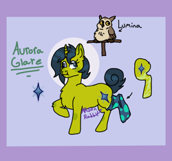 Size: 2048x1912 | Tagged: safe, artist:arsonrabbit, derpibooru import, oc, oc only, oc:aurora glare, bird, owl, pony, unicorn, g4, abstract background, blue eyes, blue hair, blue mane, blue tail, chest fluff, circle background, cross-eyed, digital art, ear fluff, ears, female, green coat, horn, leg scar, mare, passepartout, raised hoof, raised leg, scar, signature, sock, solo, tail, unicorn oc