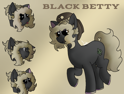 Size: 1390x1054 | Tagged: safe, artist:thomas.senko, derpibooru import, oc, oc only, oc:black betty, earth pony, pony, birthmark, black body, blonde, blonde hair, blonde mane, blonde tail, brown eyes, cactus, clothes, cowboy, cowboy hat, cowgirl, design, detailed hair, digital art, ears up, eyes open, female, female oc, fluffy, front view, hat, long hair, looking forward, mare, quadrupedal, reference sheet, shading, shadows, soft shading, solo, tail, walking