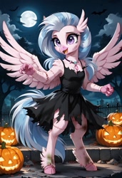 Size: 800x1169 | Tagged: safe, ai content, derpibooru import, generator:pony diffusion v6 xl, generator:stable diffusion, machine learning generated, silverstream, hippogriff, semi-anthro, g4, bipedal, bride of frankenstein, clothes, costume, dress, female, frankenstein, halloween, halloween costume, holiday, jack-o-lantern, mare, moon, outdoors, prompter:gregorymars, pumpkin, socks, solo, standing, stitches, torn clothes