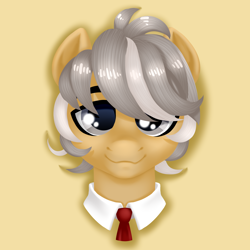 Size: 4000x4000 | Tagged: safe, artist:mosssong, derpibooru import, oc, oc only, oc:hind, earth pony, pony, beige coat, bust, clothes, gray eyes, gray mane, lineless, looking at you, male, necktie, portrait, shirtless shirt collar, simple background, solo, stallion, yellow background