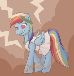 Size: 1511x1553 | Tagged: safe, artist:starryducks, derpibooru import, idw, rainbow dash, pegasus, pony, g4, clothes, colored pupils, female, grin, laurel wreath, mare, my little pony classics reimagined: the odyssey, smiling, solo, toga