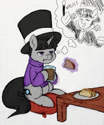 Size: 1080x1299 | Tagged: safe, derpibooru import, oc, oc:top clue, pony, unicorn, eating, food, graph paper, hat, horn, sitting, taco, thought bubble, top hat