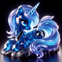 Size: 1024x1024 | Tagged: safe, ai content, derpibooru import, generator:dall-e 3, machine learning generated, princess luna, alicorn, crystal pony, pony, g4, caustics, female, figurine, glass, mare, photorealistic, prompter:anonymous, realistic, solo, transparent