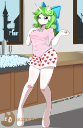 Size: 2894x4457 | Tagged: safe, artist:jackudoggy, derpibooru import, oc, oc only, oc:minty root, anthro, unicorn, bow, boxers, canterlot, clothes, hair bow, heart, heart print underwear, horn, indoors, kitchen, kitchen sink, pink shirt, shirt, solo, spoon, underwear