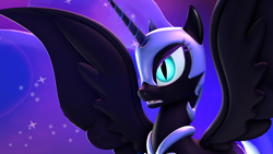 Size: 1920x1080 | Tagged: safe, artist:thatbluebro, derpibooru import, nightmare moon, alicorn, pony, 3d, helmet, horn, peytral, scene interpretation, solo, spread wings, wings