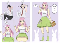 Size: 2048x1448 | Tagged: safe, artist:tao-tg, derpibooru import, fluttershy, human, rabbit, equestria girls, g4, animal, basket, carrot, feeding, female, food, male, speech bubble, transformation, transformation sequence, transgender transformation