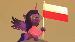 Size: 750x421 | Tagged: safe, artist:lyloo22, derpibooru import, oc, oc only, alicorn, pony, 3d, alicorn oc, clothes, ear piercing, flag, glasses, horn, jacket, piercing, poland, polish flag, polish national independence day, round glasses, solo, wings