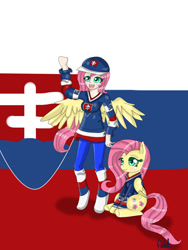 Size: 750x1000 | Tagged: safe, artist:septicmelon, derpibooru import, fluttershy, human, pegasus, pony, g4, cap, duo, female, hat, hockey, human ponidox, humanized, mare, open mouth, open smile, self paradox, self ponidox, slovakia, smiling, sports, winged humanization, wings