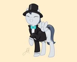 Size: 5000x4000 | Tagged: safe, artist:yinmai, derpibooru import, rumble, pegasus, pony, g4, absurd resolution, bowtie, clothes, colt, cream background, eyes closed, foal, grin, hat, male, raised hoof, raised leg, requested art, signature, simple background, smiling, solo, spread wings, top hat, tuxedo, wings