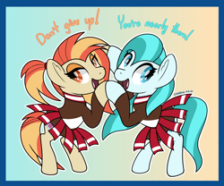 Size: 2400x2000 | Tagged: safe, artist:notadeliciouspotato, derpibooru import, lighthoof, shimmy shake, earth pony, g4, abstract background, bipedal, bipedal leaning, cheerleader, cheerleader outfit, clothes, duo, duo female, exclamation point, female, gradient background, holding hooves, hoof touching, leaning, lidded eyes, looking at you, mare, motivational, open mouth, open smile, passepartout, pleated skirt, ponytail, signature, skirt, smiling, talking to viewer, text