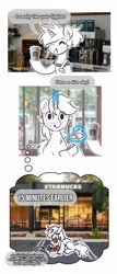 Size: 1752x4096 | Tagged: safe, artist:opalacorn, derpibooru import, oc, oc only, oc:greyline, pony, unicorn, chicken meat, coffee cup, comic, cup, dialogue, duo, duo male and female, eating, female, food, horn, male, mare, meat, ponies eating meat, roast chicken, speech bubble, stallion, starbucks, wallet