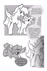 Size: 2733x4096 | Tagged: safe, artist:opalacorn, derpibooru import, oc, oc only, oc:dusk, oc:vesper, bat pony, pony, unicorn, 2 panel comic, bad parenting, bat pony oc, cloven hooves, colt, comic, dialogue, ear piercing, earring, father and child, female, filly, foal, horn, jewelry, male, parent and child, piercing, simple background, speech bubble, stallion, trio, unnamed oc, unshorn fetlocks, white background