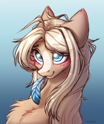 Size: 1947x2324 | Tagged: safe, artist:viryav, derpibooru import, oc, oc only, pony, beige body, blonde, blonde hair, blue eyes, blushing, chest fluff, colored pupils, embarrassed, eye clipping through hair, facial markings, feather, female, gradient background, mare, mare oc, shine, shiny mane, signature, sketch, smiling, solo