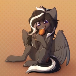 Size: 3000x3000 | Tagged: safe, artist:viryav, derpibooru import, oc, oc only, pegasus, pony, belly, belly fluff, blue eyes, blue pupils, blushing, carnivore, chicken leg, colored pupils, drumstick, eating, eye clipping through hair, eyebrows, eyebrows visible through hair, fangs, female, food, frog (hoof), gray body, grey hair, halftone, hoofbutt, human shoulders, mare, mare oc, meat, partially open wings, patterned background, ponies eating meat, signature, sitting, sketch, smiling, solo, striped mane, underhoof, wing fluff, wings