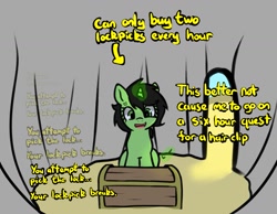 Size: 1171x908 | Tagged: safe, artist:neuro, derpibooru import, oc, oc only, oc:anon filly, pony, unicorn, cave, cross-popping veins, dialogue, emanata, female, filly, foal, glowing, glowing horn, horn, open mouth, open smile, runescape, smiling, solo, text, treasure chest