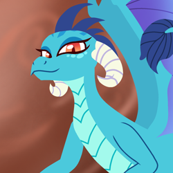 Size: 1300x1300 | Tagged: safe, artist:lindasaurie, derpibooru exclusive, derpibooru import, princess ember, dragon, g4, dragoness, female, flying, horns, lineless, looking at you, looking down, sky background, smiling, solo, spread wings, wings