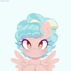 Size: 2048x2034 | Tagged: safe, artist:eltrash_art6, derpibooru import, cozy glow, pegasus, pony, g4, cozybetes, cute, female, filly, foal, freckles, hair ribbon, hooves together, looking at you, ribbon, signature, smiling, smiling at you, solo, spread wings, text, upper body, wings