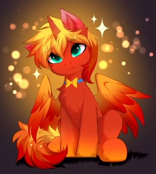 Size: 1847x2048 | Tagged: safe, artist:empress-twilight, derpibooru import, oc, oc only, oc:fiery lightning, alicorn, pony, alicorn oc, cheek fluff, chest fluff, commission, ear fluff, ears, eye clipping through hair, eyebrows, eyebrows visible through hair, horn, looking at you, male, partially open wings, sitting, smiling, smiling at you, solo, sparkles, stallion, tail, wings, ych result