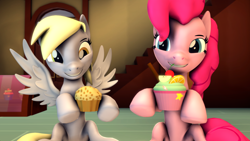 Size: 1920x1080 | Tagged: safe, artist:scorp125, derpibooru import, derpy hooves, pinkie pie, earth pony, pegasus, pony, g4, 3d, cupcake, cute, derpabetes, derpysass, diapinkes, duo, food, heartwarming, indoors, muffin, sassapinkes, source filmmaker, sugarcube corner, sweet dreams fuel