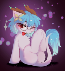 Size: 3099x3394 | Tagged: safe, artist:empress-twilight, derpibooru import, oc, oc only, oc:owen, deer, deer pony, hybrid, original species, pony, blushing, butt, cheek fluff, chest fluff, commission, ear fluff, ears, eye clipping through hair, eyebrows, eyebrows visible through hair, female, flower, glasses, hooves together, leg fluff, legs in air, leonine tail, looking at you, mare, mouth hold, one eye closed, plot, smiling, smiling at you, solo, sparkles, tail, underhoof, wink, winking at you, ych result