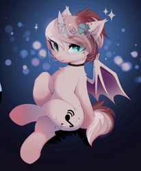 Size: 3132x3809 | Tagged: safe, artist:empress-twilight, derpibooru import, oc, oc only, oc:marshmallow creme, alicorn, bat pony, bat pony alicorn, pony, bat wings, belly, belly button, cheek fluff, chest fluff, commission, crossed hooves, crossed legs, ear fluff, ear tufts, ears, eye clipping through hair, eyebrows, eyebrows visible through hair, female, horn, looking at you, mare, sitting, slit eyes, smiling, smiling at you, solo, sparkles, tail, wings, ych result