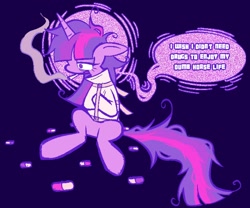 Size: 2048x1706 | Tagged: safe, artist:tricky_cannon, derpibooru import, twilight sparkle, pony, unicorn, bondage, bound, cigarette, dialogue, drugs, english, horn, pills, smoking, solo, straitjacket, text