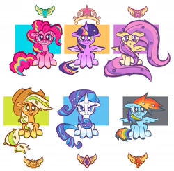 Size: 1746x1725 | Tagged: safe, artist:tricky_cannon, derpibooru import, applejack, fluttershy, pinkie pie, rainbow dash, rarity, twilight sparkle, alicorn, earth pony, pegasus, pony, unicorn, alternate design, confetti in mane, confetti in tail, female, flower, flower in hair, grin, group, horn, leaves, leaves in hair, mane six, mare, open mouth, open smile, smiling