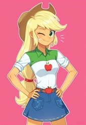 Size: 832x1216 | Tagged: safe, ai content, derpibooru import, machine learning generated, applejack, human, equestria girls, g4, apple, applejack's skirt, applesass, clothes, cute, denim, denim skirt, emanata, feminism, food, hand on hip, hat, jackabetes, looking at you, one eye closed, outline, pink background, prompter:flutteryaylove, shirt, simple background, skirt, smiling, smiling at you, solo, white outline, wink, winking at you