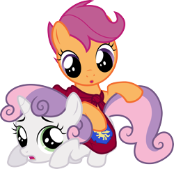 Size: 3101x3000 | Tagged: safe, artist:cloudy glow, derpibooru import, scootaloo, sweetie belle, pegasus, pony, unicorn, g4, stare master, cape, clothes, cmc cape, duo, duo female, female, filly, foal, horn, my little pony: friendship is magic, simple background, transparent background, vector