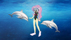 Size: 1919x1079 | Tagged: safe, artist:justinproffesional, artist:marcorulezzz, derpibooru import, edit, fluttershy, dolphin, human, equestria girls, g4, beach shorts swimsuit, bubble, clothes, dive mask, female, flippers (gear), fluttershy's beach shorts swimsuit, fluttershy's one-piece swimsuit, goggles, ocean, one-piece swimsuit, scuba gear, solo, swimsuit, swimsuit edit, water, watershy