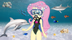 Size: 1919x1079 | Tagged: safe, artist:justinproffesional, artist:marcorulezzz, derpibooru import, edit, fluttershy, dolphin, human, equestria girls, g4, barefoot, beach shorts swimsuit, bubble, clam, clothes, dive mask, feet, female, fluttershy's beach shorts swimsuit, fluttershy's one-piece swimsuit, genius bruisers, goggles, ocean, one-piece swimsuit, reef, scuba gear, shell, solo, starfish, swimsuit, swimsuit edit, underwater, water, watershy