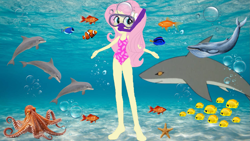 Size: 1919x1079 | Tagged: safe, artist:justinproffesional, artist:theemperorofhonor, derpibooru import, fluttershy, dolphin, fish, human, octopus, shark, equestria girls, g4, barefoot, bubble, dive mask, feet, female, goggles, ocean, reef, snorkel, snorkeling, solo, starfish, underwater, water, watershy