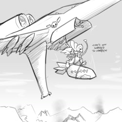 Size: 1280x1280 | Tagged: safe, artist:captainhoers, derpibooru import, oc, oc only, griffon, bomb, clothes, helldivers, helldivers 2, jet plane, monochrome, plane, sketch, text, weapon