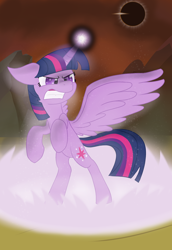 Size: 1080x1570 | Tagged: safe, artist:agreylongma, derpibooru import, twilight sparkle, twilight sparkle (alicorn), alicorn, pony, g4, angry, eclipse, female, glowing, magic, magic aura, mare, mountain, solo