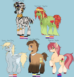 Size: 1280x1336 | Tagged: safe, artist:zowwyroo, derpibooru import, derpy hooves, doctor whooves, roseluck, tree hugger, zecora, earth pony, pegasus, pony, zebra, g4, asexual pride flag, bisexual pride flag, clothes, coat markings, demigirl pride flag, female, folded wings, glasses, headcanon, jewelry, lesbian pride flag, light blue background, male, mare, necklace, necktie, nonbinary, nonbinary pride flag, pride, pride flag, pronouns, redesign, round glasses, simple background, smiling, stallion, unshorn fetlocks, wings