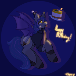 Size: 3093x3093 | Tagged: safe, artist:hey-sweeto, derpibooru import, oc, oc only, oc:shadow bite, bat pony, birthday, birthday cake, cake, ear piercing, food, glasses, hat, party hat, piercing, solo, tongue, tongue out