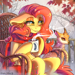 Size: 2024x2024 | Tagged: safe, alternate version, artist:yuris, derpibooru import, fluttershy, deer, pegasus, pony, autumn, clothes, cup, ears back, fawn, female, fence, fog, leaves, outdoors, rocking chair, scarf, sitting, smiling, snow, solo, steam, tree, veranda