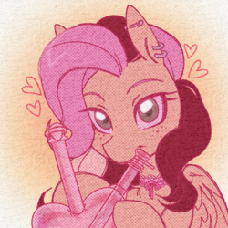 Size: 900x900 | Tagged: safe, artist:sugarpersonlove, derpibooru import, oc, oc only, pegasus, bong, collar, drugs, ear piercing, eyes open, female, filter, freckles, gradient background, heart, looking at you, mare, not fluttershy, piercing, smoking, solo, spread wings, wings