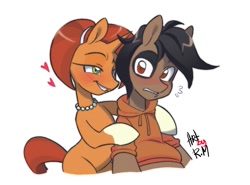 Size: 1080x800 | Tagged: safe, artist:sugarpersonlove, derpibooru import, stellar flare, oc, earth pony, g4, awkward, blushing, canon x oc, clothes, colored eyebrows, colored hooves, duo, duo male and female, female, filter, heart, hoodie, hooves, hug, jewelry, love, male, mare, necklace, simple background, stallion, straight, white background