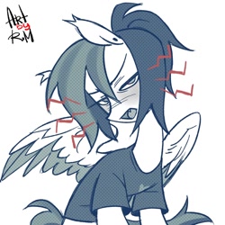 Size: 1000x1000 | Tagged: safe, artist:sugarpersonlove, derpibooru import, oc, oc:sugar flash, pegasus, angry, annoyed, clothes, colored wings, ear fluff, ear piercing, ears, fangs, filter, looking at you, monochrome, open mouth, piercing, shirt, simple background, sitting, solo, spread wings, t-shirt, white background, wings