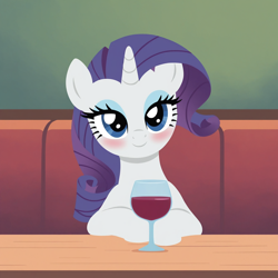 Size: 2048x2048 | Tagged: safe, ai content, derpibooru import, generator:pony diffusion v6 xl, generator:stable diffusion, machine learning generated, rarity, pony, unicorn, g4, alcohol, blushing, date, glass, head tilt, horn, indoors, looking at you, prompter:foxpony, solo, table, wine, wine glass